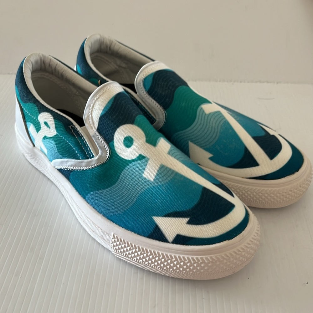 New Van-Like Anchor Graphic Blue White Slip On Sneaker 7.5